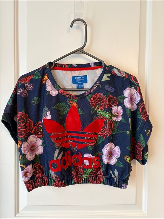adidas Tops - RARE Adidas Navy Floral top with Red velvet accent. Back is satin! So unique!